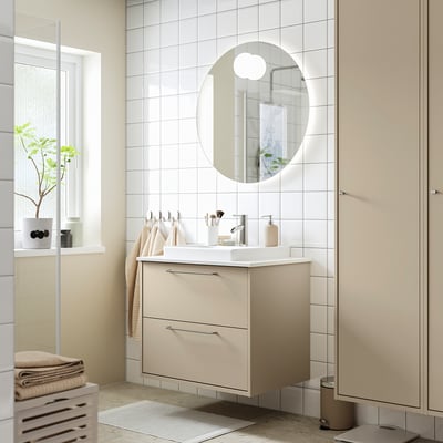HAVBÄCK / ORRSJÖN Meuble à tiroirs/lavabo/mitigeur, beige/blanc marbré, 31x21 1/2x28 3/8 "