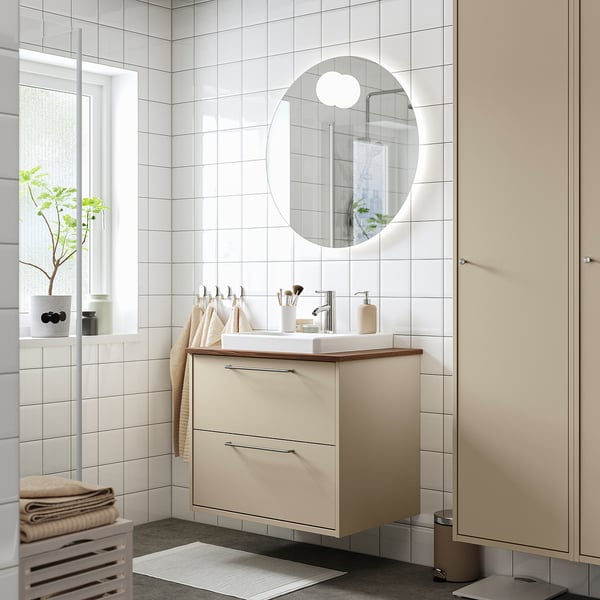 HAVBÄCK / ORRSJÖN Meuble à tiroirs/lavabo/mitigeur, beige/brun effet noyer, 31x21 1/2x28 3/8 "
