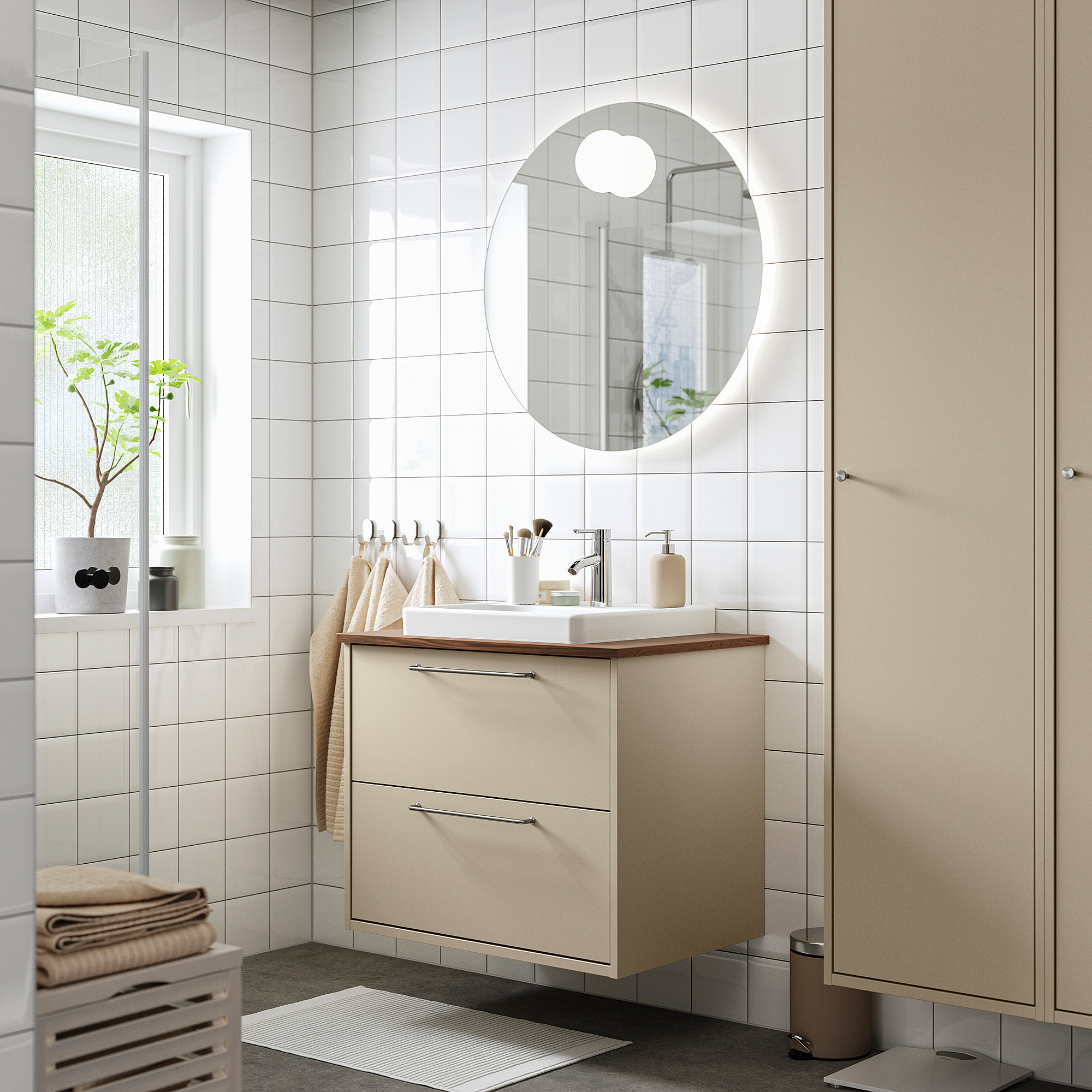 HAVBÄCK / ORRSJÖN Meuble à tiroirs/lavabo/mitigeur, beige/brun effet noyer, 31x21 1/2x28 3/8 "