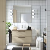 HAVBÄCK / ORRSJÖN Meuble à tiroirs/lavabo/mitigeur, beige/brun effet noyer, 37x21 1/2x28 3/8 "