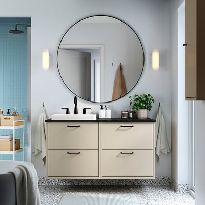 HAVBÄCK / ORRSJÖN Meuble à tiroirs/lavabo/mitigeur, beige/effet marbre noir, 49x21 1/2x28 3/8 "