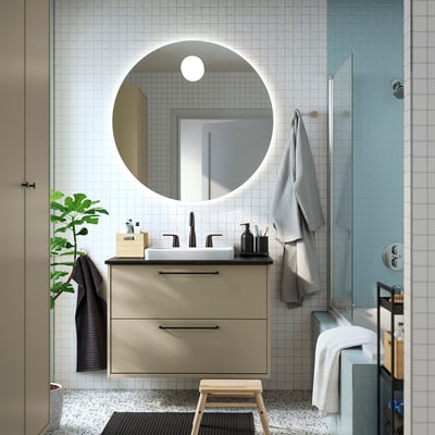 HAVBÄCK / ORRSJÖN Meuble à tiroirs/lavabo/mitigeur, beige/effet marbre noir, 37x21 1/2x28 3/8 "
