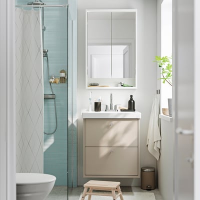 HAVBÄCK / ORRSJÖN Meuble à tiroirs/lavabo/mitigeur, beige, 25x21 3/4x27 5/8 "