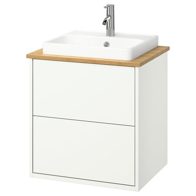 HAVBÄCK / ORRSJÖN Meuble à tiroirs/lavabo/mitigeur, blanc/bambou, 25x21 1/2x28 3/8 "