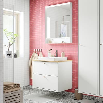 HAVBÄCK / ORRSJÖN Meuble à tiroirs/lavabo/mitigeur, blanc/bambou, 31x21 1/2x28 3/8 "