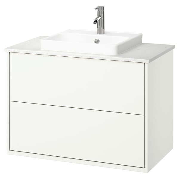 HAVBÄCK / ORRSJÖN Meuble à tiroirs/lavabo/mitigeur, blanc/blanc marbré, 37x21 1/2x28 3/8 "