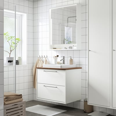 HAVBÄCK / ORRSJÖN Meuble à tiroirs/lavabo/mitigeur, blanc/brun effet noyer, 31x21 1/2x28 3/8 "