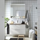 HAVBÄCK / ORRSJÖN Meuble à tiroirs/lavabo/mitigeur, blanc/brun effet noyer, 37x21 1/2x28 3/8 "