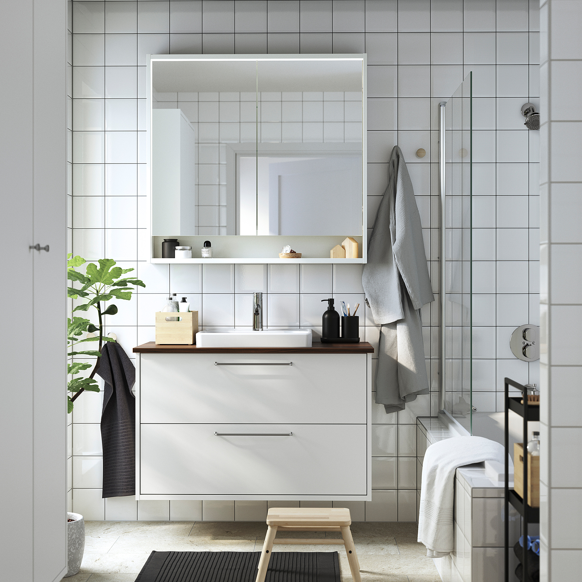 HAVBÄCK / ORRSJÖN Meuble à tiroirs/lavabo/mitigeur, blanc/brun effet noyer, 37x21 1/2x28 3/8 "