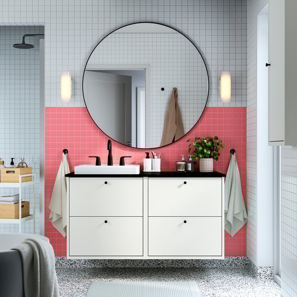 HAVBÄCK / ORRSJÖN Meuble à tiroirs/lavabo/mitigeur, blanc/effet marbre noir, 49x21 1/2x28 3/8 "