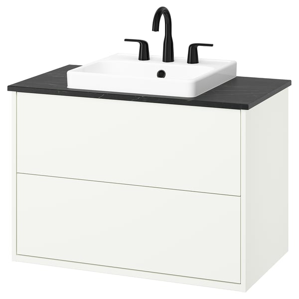 HAVBÄCK / ORRSJÖN Meuble à tiroirs/lavabo/mitigeur, blanc/effet marbre noir, 37x21 1/2x28 3/8 "