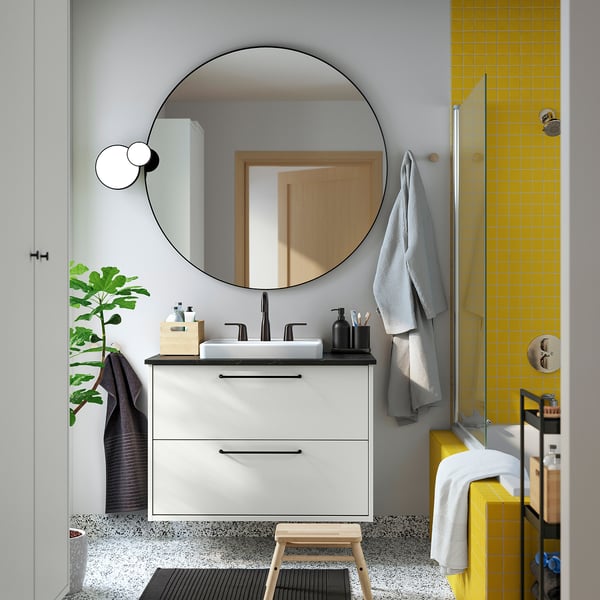 HAVBÄCK / ORRSJÖN Meuble à tiroirs/lavabo/mitigeur, blanc/effet marbre noir, 37x21 1/2x28 3/8 "