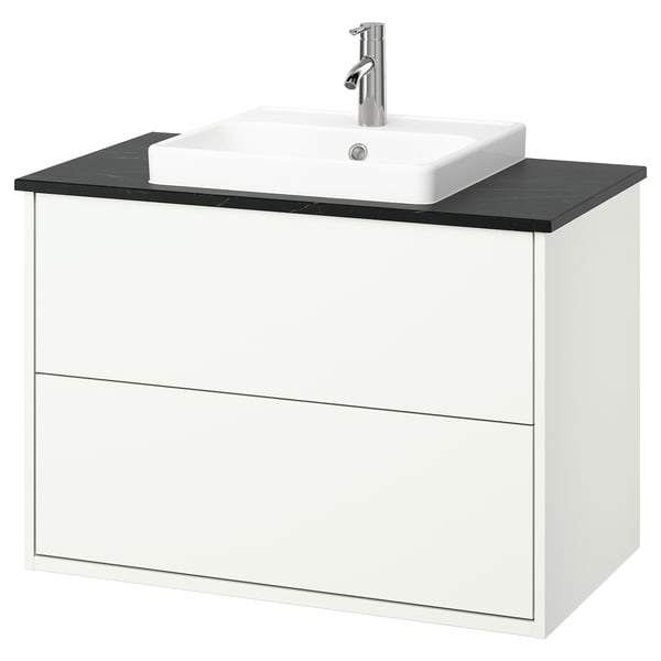 HAVBÄCK / ORRSJÖN Meuble à tiroirs/lavabo/mitigeur, blanc/noir marbré, 37x21 1/2x28 3/8 "