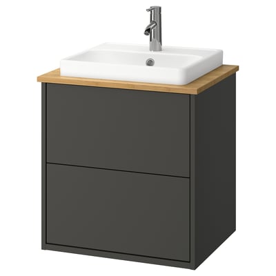 HAVBÄCK / ORRSJÖN Meuble à tiroirs/lavabo/mitigeur, gris foncé/bambou, 25x21 1/2x28 3/8 "