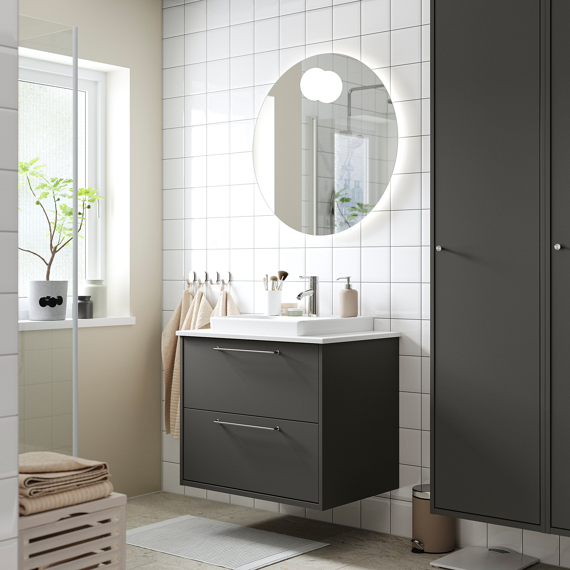 HAVBÄCK / ORRSJÖN Meuble à tiroirs/lavabo/mitigeur, gris foncé/blanc marbré, 31x21 1/2x28 3/8 "