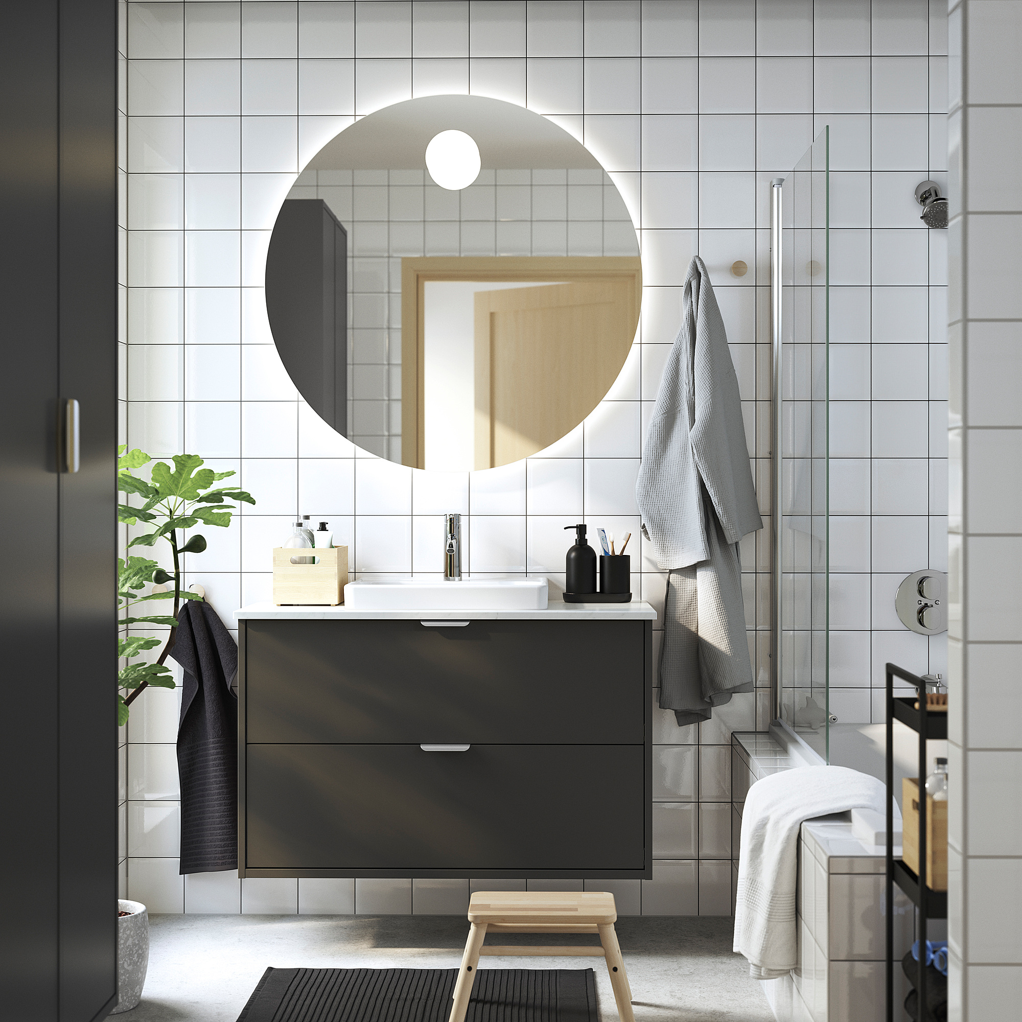 HAVBÄCK / ORRSJÖN Meuble à tiroirs/lavabo/mitigeur, gris foncé/blanc marbré, 37x21 1/2x28 3/8 "