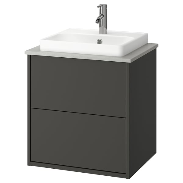 HAVBÄCK / ORRSJÖN Meuble à tiroirs/lavabo/mitigeur, gris foncé/gris eff pierre, 25x21 1/2x28 3/8 "