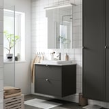 HAVBÄCK / ORRSJÖN Meuble à tiroirs/lavabo/mitigeur, gris foncé/gris eff pierre, 31x21 1/2x28 3/8 "