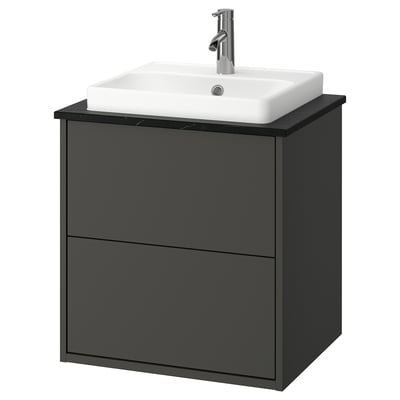 HAVBÄCK / ORRSJÖN Meuble à tiroirs/lavabo/mitigeur, gris foncé/noir marbré, 25x21 1/2x28 3/8 "