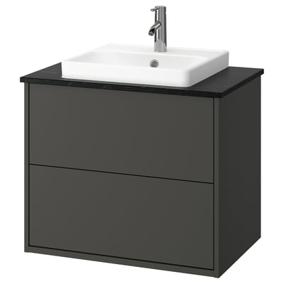 HAVBÄCK / ORRSJÖN Meuble à tiroirs/lavabo/mitigeur, gris foncé/noir marbré, 31x21 1/2x28 3/8 "