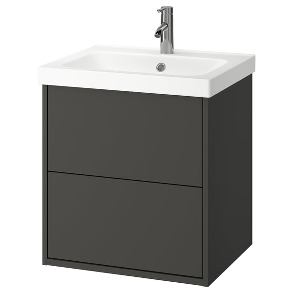 HAVBÄCK / ORRSJÖN Meuble à tiroirs/lavabo/mitigeur, gris foncé, 25x21 3/4x27 5/8 "