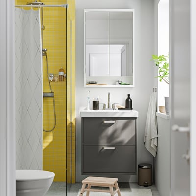 HAVBÄCK / ORRSJÖN Meuble à tiroirs/lavabo/mitigeur, gris foncé, 25x21 3/4x27 5/8 "