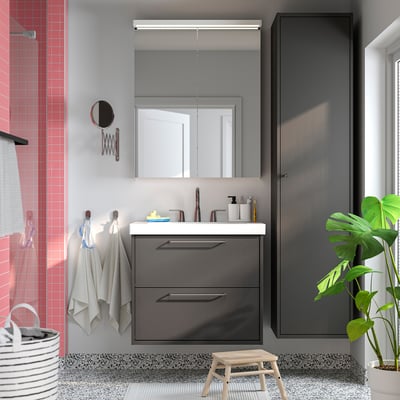 HAVBÄCK / ORRSJÖN Meuble à tiroirs/lavabo/mitigeur, gris foncé, 31x21 3/4x27 5/8 "