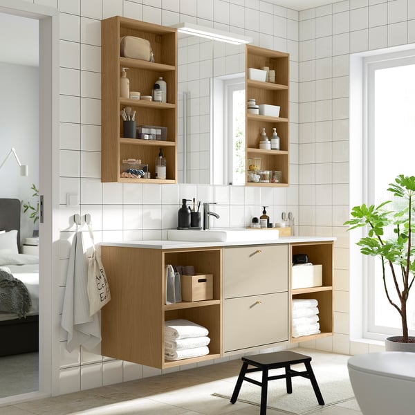 HAVBÄCK / ORRSJÖN Meuble de sdb avec lavabo, beige/effet chêne/blanc marbré, 61x21 1/2x28 3/8 "