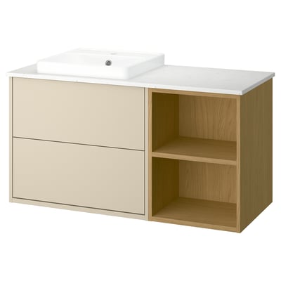 HAVBÄCK / ORRSJÖN Meuble de sdb avec lavabo, beige/effet chêne/blanc marbré, 49x21 1/2x28 3/8 "