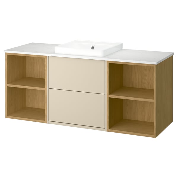 HAVBÄCK / ORRSJÖN Meuble de sdb avec lavabo, beige/effet chêne/blanc marbré, 61x21 1/2x28 3/8 "