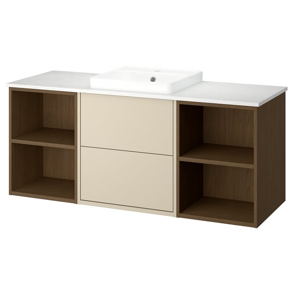HAVBÄCK / ORRSJÖN Meuble de sdb avec lavabo, beige/effet chêne brun/blanc marbré, 61x21 1/2x28 3/8 "