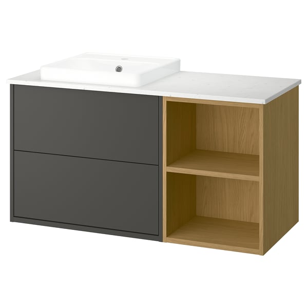 HAVBÄCK / ORRSJÖN Meuble de sdb avec lavabo, gris foncé/effet chêne/blanc marbré, 49x21 1/2x28 3/8 "