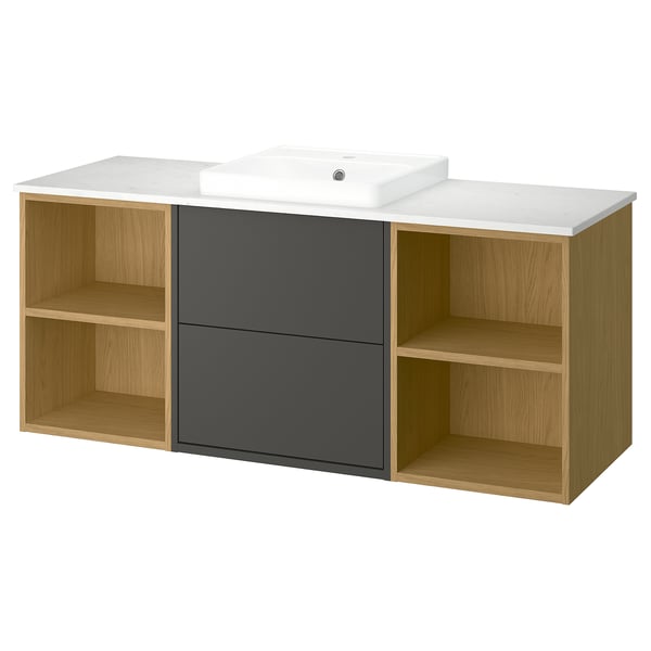HAVBÄCK / ORRSJÖN Meuble de sdb avec lavabo, gris foncé/effet chêne/blanc marbré, 61x21 1/2x28 3/8 "