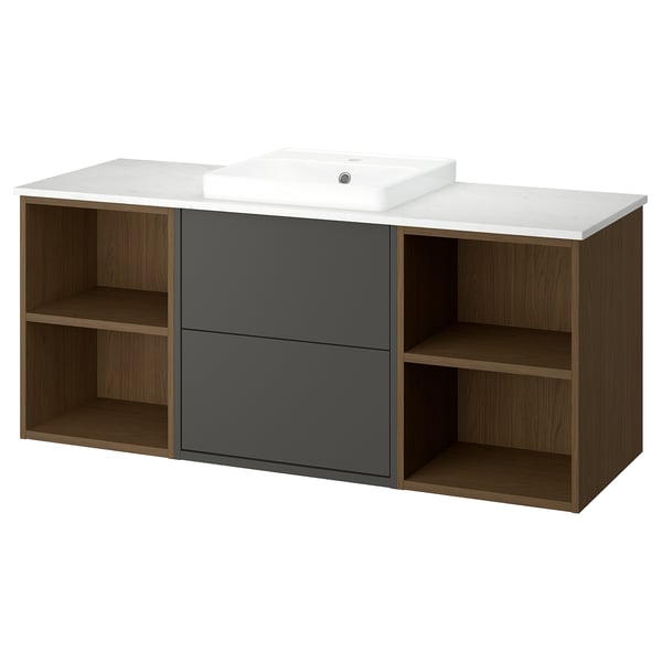 HAVBÄCK / ORRSJÖN Meuble de sdb avec lavabo, gris foncé/effet chêne brun/blanc marbré, 61x21 1/2x28 3/8 "