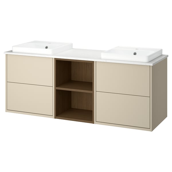 HAVBÄCK / ORRSJÖN Meuble de sdb avec lavabos, beige/effet chêne brun/blanc marbré, 67x21 1/2x28 3/8 "