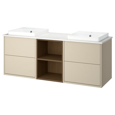 HAVBÄCK / ORRSJÖN Meuble de sdb avec lavabos, beige/effet chêne brun/blanc marbré, 67x21 1/2x28 3/8 "