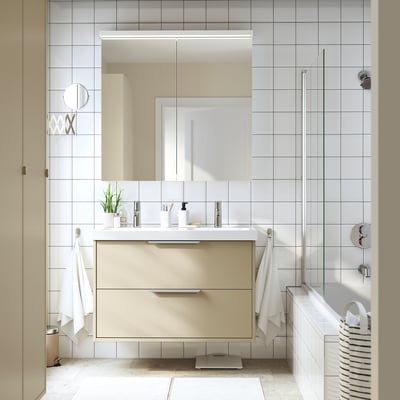HAVBÄCK / ORRSJÖN Meuble-lav à tiroirs/lav/mitigeurs, beige, 37x21 3/4x27 5/8 "