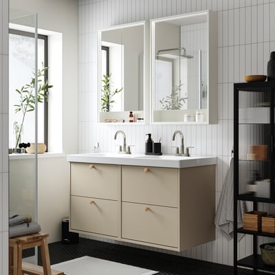 HAVBÄCK / ORRSJÖN Meuble-lav à tiroirs/lav/mitigeurs, beige, 49x21 3/4x27 5/8 "