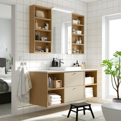 HAVBÄCK / ORRSJÖN Meuble lavabo/vasque/mitigeur, beige/effet chêne/blanc marbré, 61x21 1/2x28 3/8 "