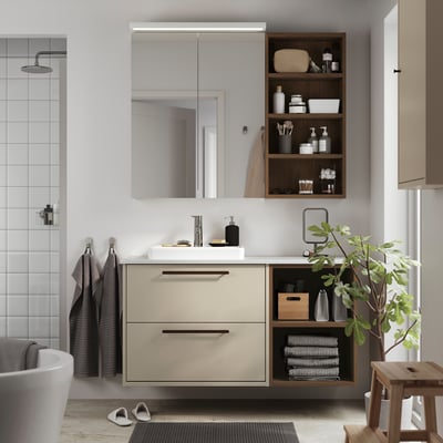 HAVBÄCK / ORRSJÖN Meuble lavabo/vasque/mitigeur, beige/effet chêne brun/blanc marbré, 49x21 1/2x28 3/8 "