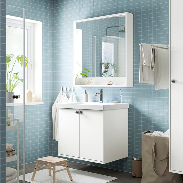 HAVBÄCK / ORRSJÖN Meuble sdb avec portes/lavabo, blanc, 31x21 3/4x27 5/8 "