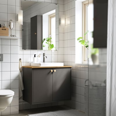 HAVBÄCK / ORRSJÖN Meuble sdb avec portes/lavabo, gris foncé/bambou, 31x21 1/2x28 3/8 "