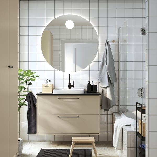 HAVBÄCK / ORRSJÖN Meuble sdb avec tiroirs/lavabo, beige/noir marbré, 37x21 1/2x28 3/8 "