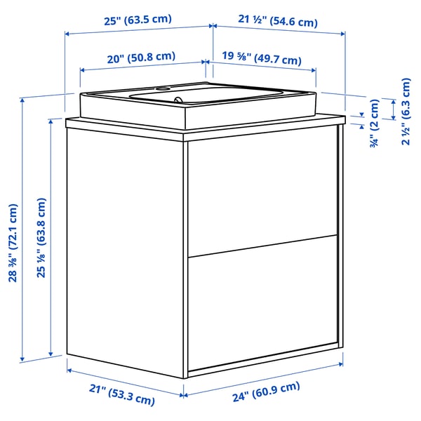 HAVBÄCK / ORRSJÖN Meuble sdb avec tiroirs/lavabo, beige/noir marbré, 25x21 1/2x28 3/8 "
