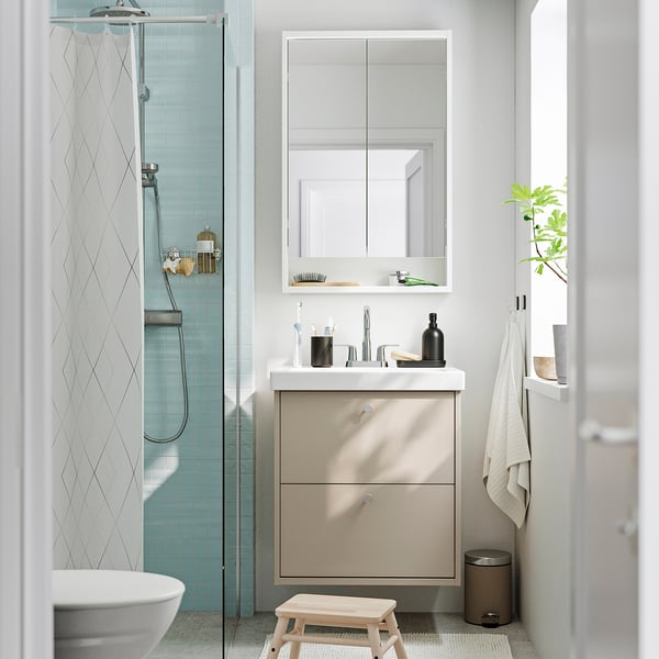 HAVBÄCK / ORRSJÖN Meuble sdb avec tiroirs/lavabo, beige, 25x21 3/4x27 5/8 "