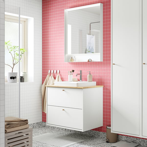 HAVBÄCK / ORRSJÖN Meuble sdb avec tiroirs/lavabo, blanc/bambou, 31x21 1/2x28 3/8 "