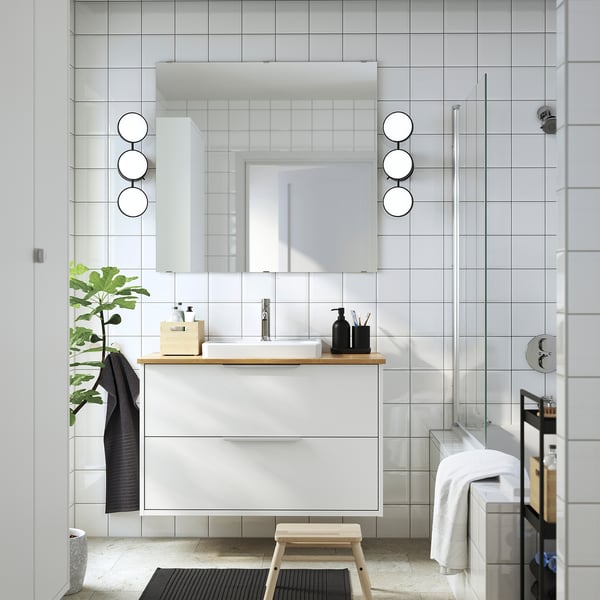 HAVBÄCK / ORRSJÖN Meuble sdb avec tiroirs/lavabo, blanc/bambou, 37x21 1/2x28 3/8 "