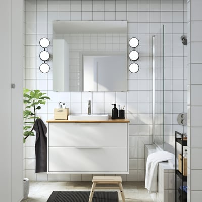 HAVBÄCK / ORRSJÖN Meuble sdb avec tiroirs/lavabo, blanc/bambou, 37x21 1/2x28 3/8 "