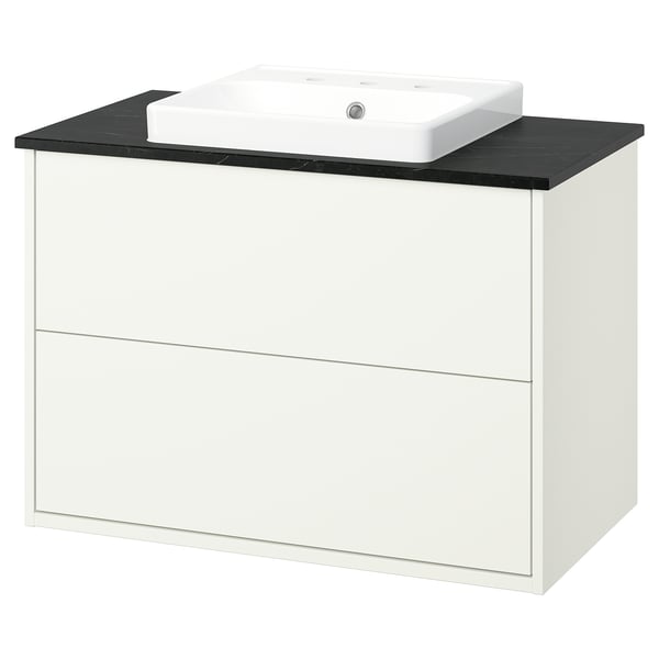 HAVBÄCK / ORRSJÖN Meuble sdb avec tiroirs/lavabo, blanc/effet marbre noir, 37x21 1/2x28 3/8 "