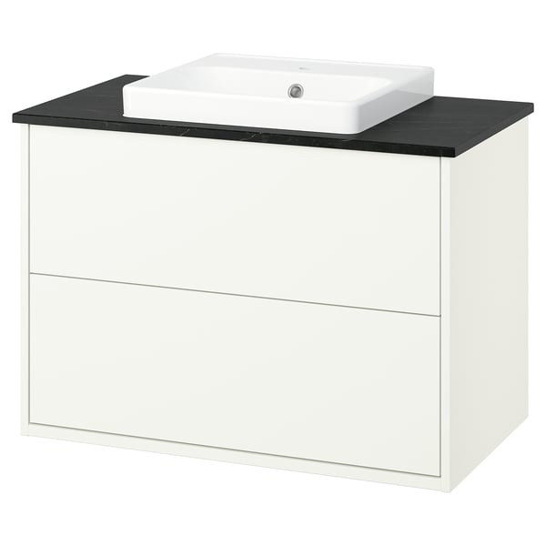 HAVBÄCK / ORRSJÖN Meuble sdb avec tiroirs/lavabo, blanc/noir marbré, 37x21 1/2x28 3/8 "